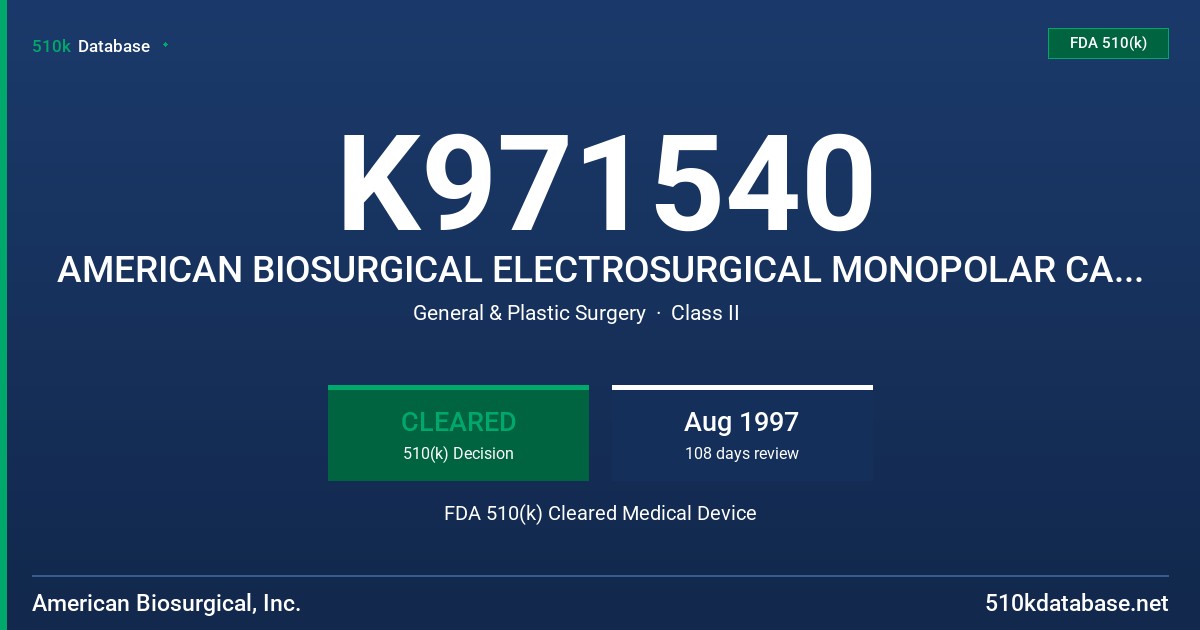 K971540 AMERICAN BIOSURGICAL ELECTROSURGICAL MONOPOLAR CABLE/CORD FDA 510(k) Cleared Medical Device