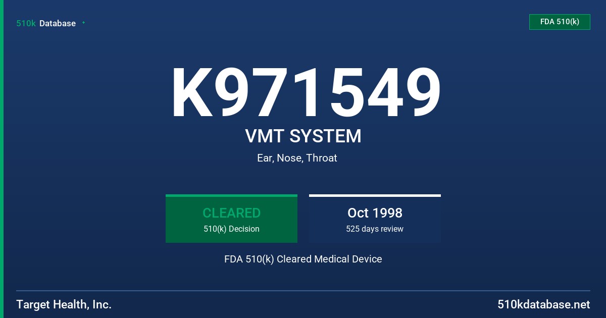 K971549 VMT SYSTEM FDA 510(k) Cleared Medical Device