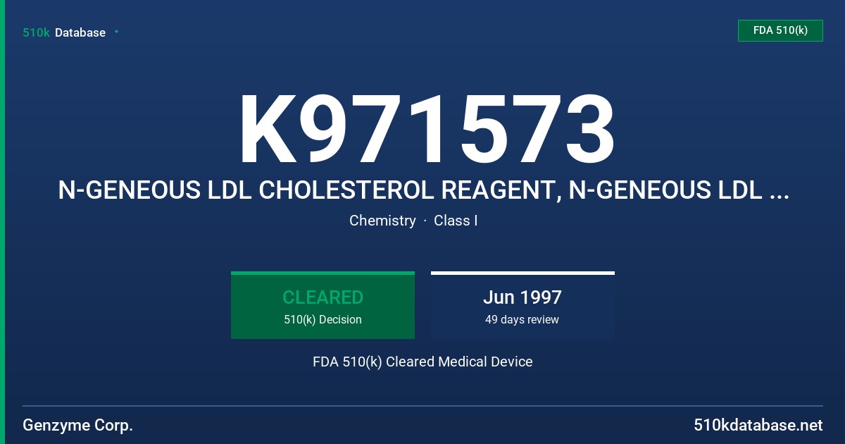 K971573 N-GENEOUS LDL CHOLESTEROL REAGENT, N-GENEOUS LDL CHOLESTEROL CALIBRATOR, GENZYME LDL CHOLESTEROL CONTROL SET FDA 510(k) Cleared Medical Device