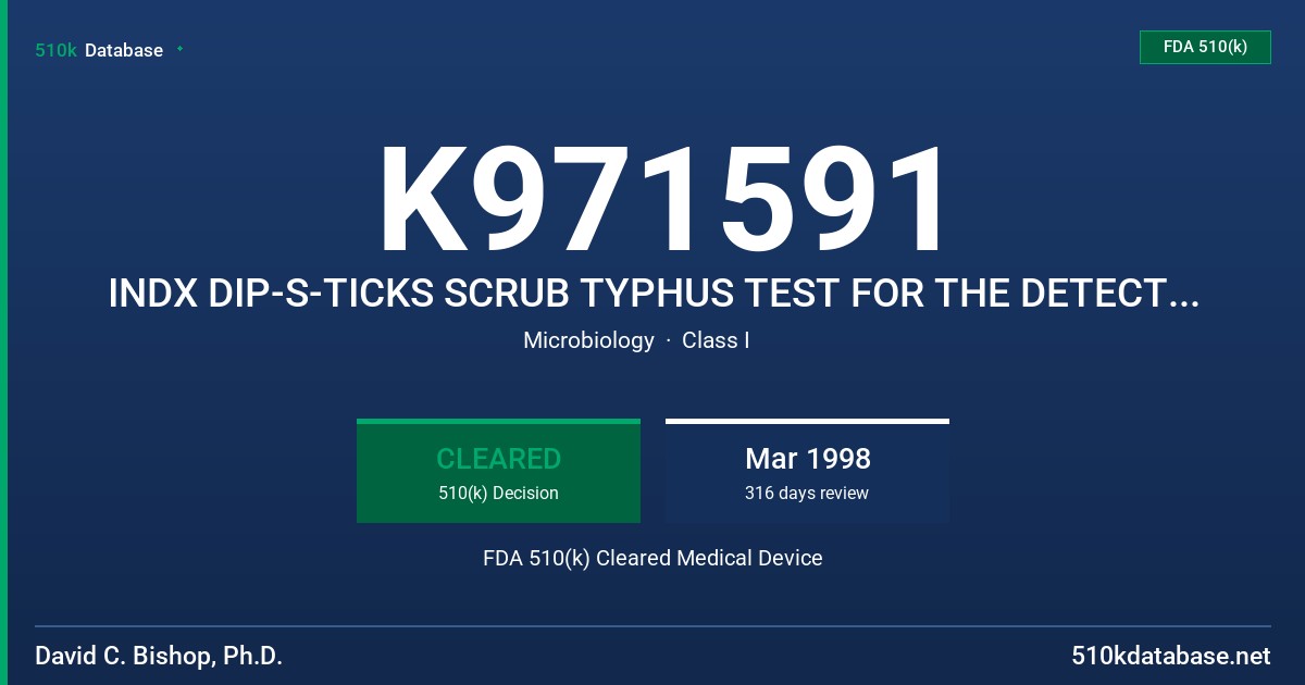 K971591 INDX DIP-S-TICKS SCRUB TYPHUS TEST FOR THE DETECTION OF IGG AND IGM ANTIBODIES TO ORIENTIA TSUTSUGAMUSHI (SCRUB TYPHUS) FDA 510(k) Cleared Medical Device