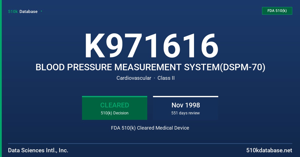K971616 BLOOD PRESSURE MEASUREMENT SYSTEM(DSPM-70) FDA 510(k) Cleared Medical Device