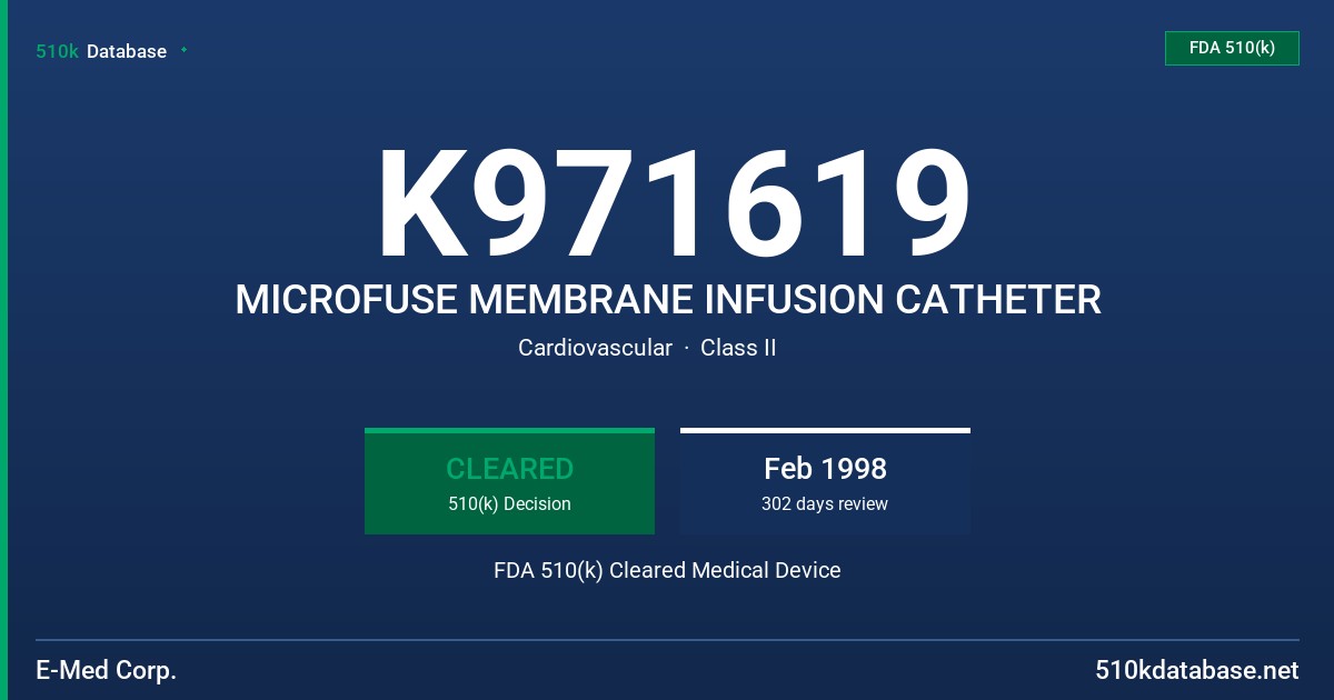 K971619 MICROFUSE MEMBRANE INFUSION CATHETER FDA 510(k) Cleared Medical Device