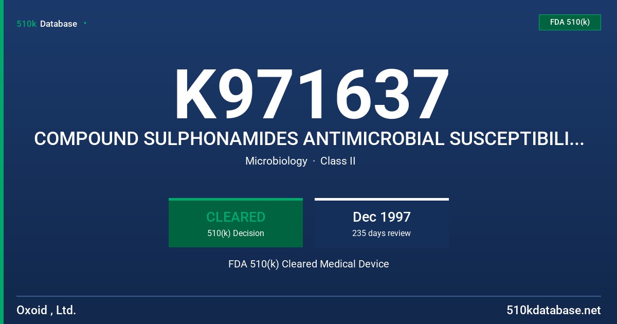 K971637 COMPOUND SULPHONAMIDES ANTIMICROBIAL SUSCEPTIBILITY TEST DISC FDA 510(k) Cleared Medical Device