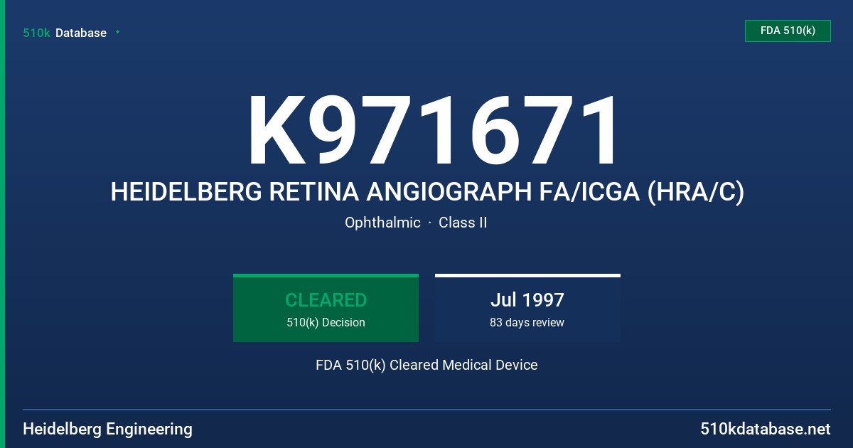 K971671 HEIDELBERG RETINA ANGIOGRAPH FA/ICGA (HRA/C) FDA 510(k) Cleared Medical Device