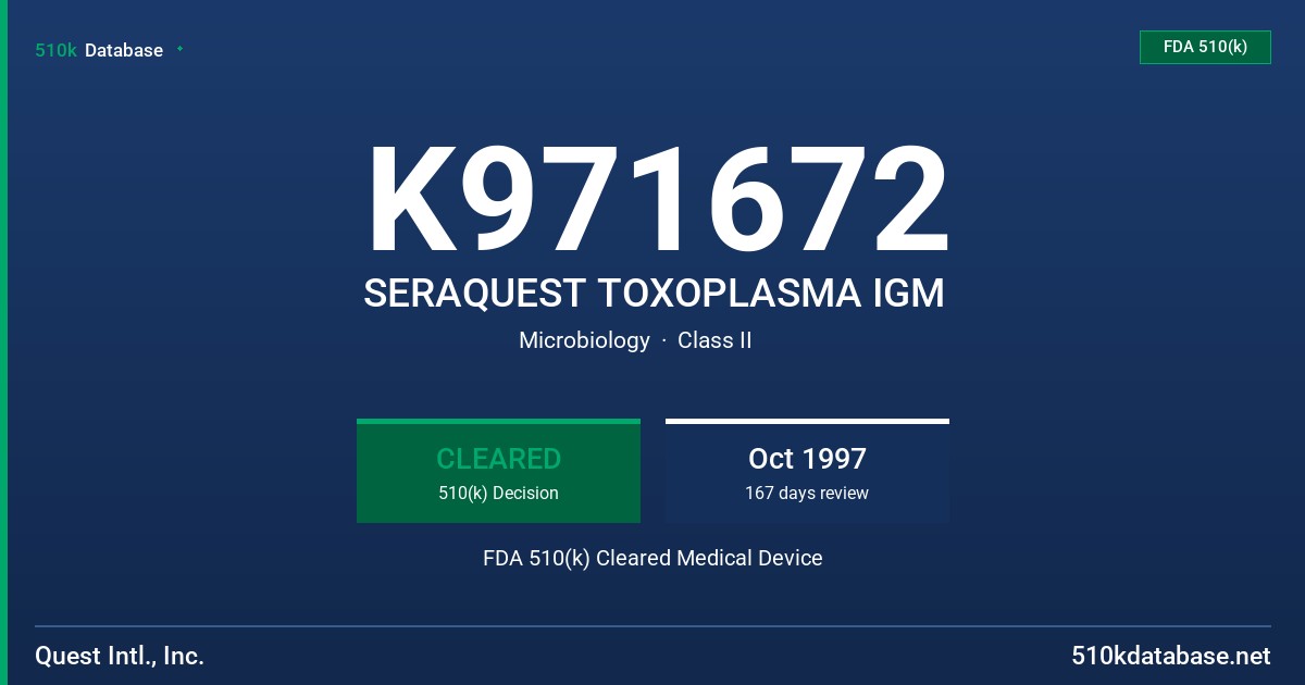 K971672 SERAQUEST TOXOPLASMA IGM FDA 510(k) Cleared Medical Device