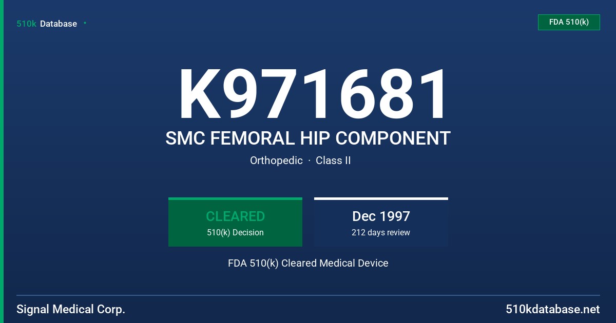 K971681 SMC FEMORAL HIP COMPONENT FDA 510(k) Cleared Medical Device