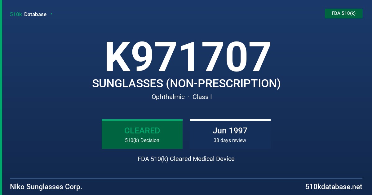K971707 SUNGLASSES (NON-PRESCRIPTION) FDA 510(k) Cleared Medical Device