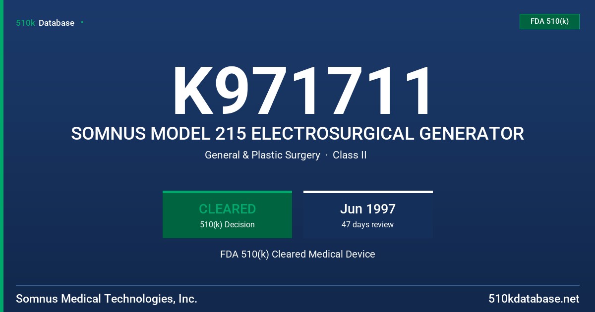 K971711 SOMNUS MODEL 215 ELECTROSURGICAL GENERATOR FDA 510(k) Cleared Medical Device
