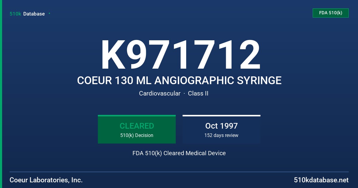K971712 COEUR 130 ML ANGIOGRAPHIC SYRINGE FDA 510(k) Cleared Medical Device