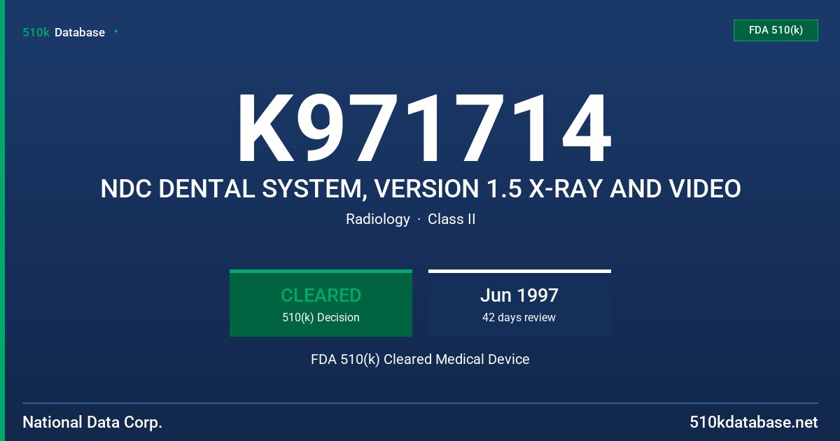 K971714 NDC DENTAL SYSTEM, VERSION 1.5 X-RAY AND VIDEO FDA 510(k) Cleared Medical Device