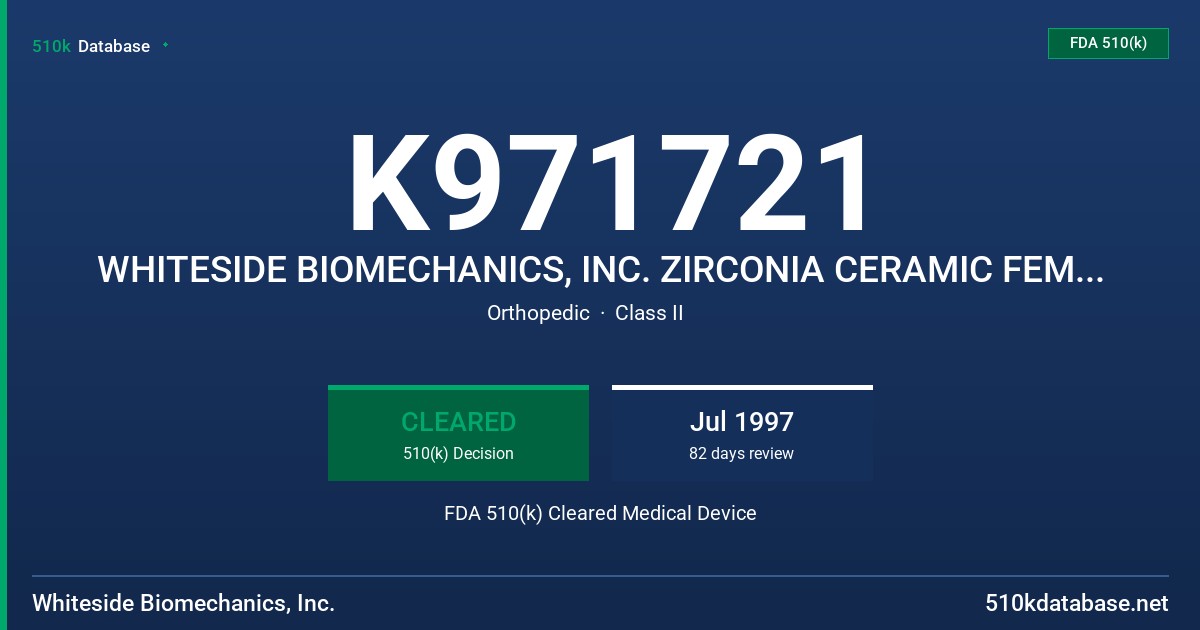 K971721 WHITESIDE BIOMECHANICS, INC. ZIRCONIA CERAMIC FEMORAL HEAD FDA 510(k) Cleared Medical Device