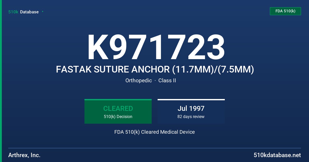 K971723 FASTAK SUTURE ANCHOR (11.7MM)/(7.5MM) FDA 510(k) Cleared Medical Device