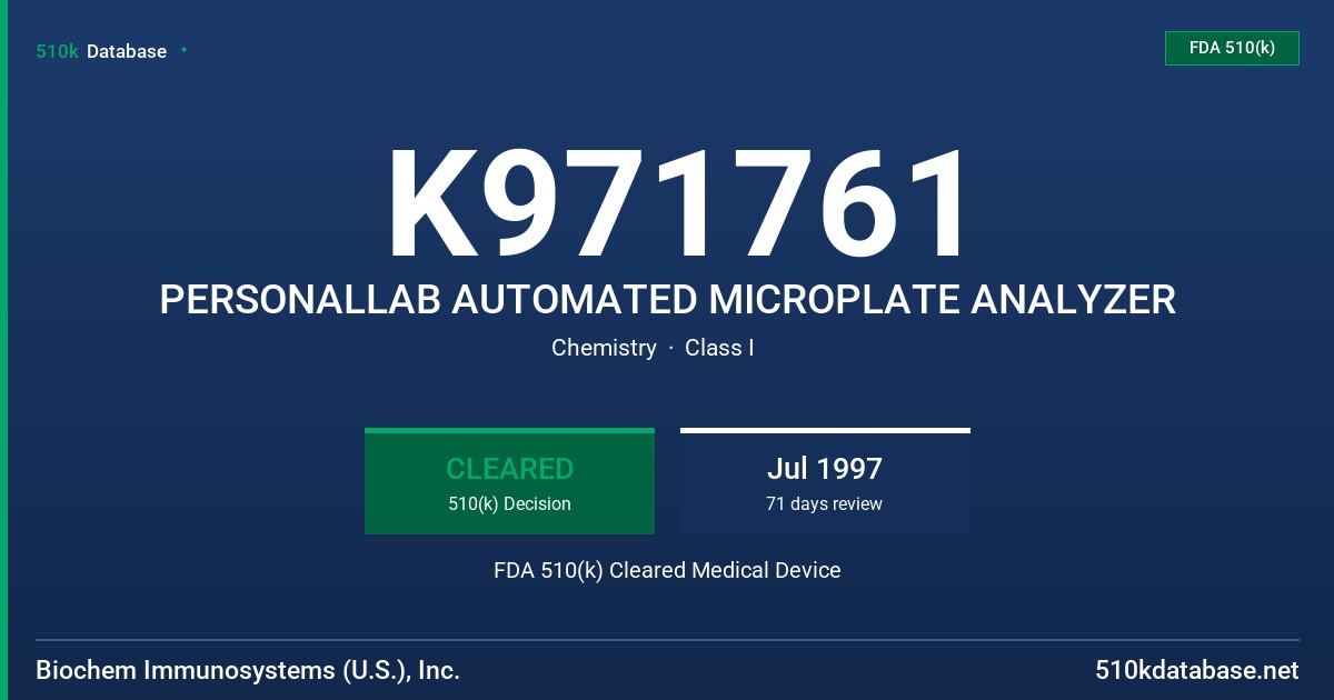K971761 PERSONALLAB AUTOMATED MICROPLATE ANALYZER FDA 510(k) Cleared Medical Device