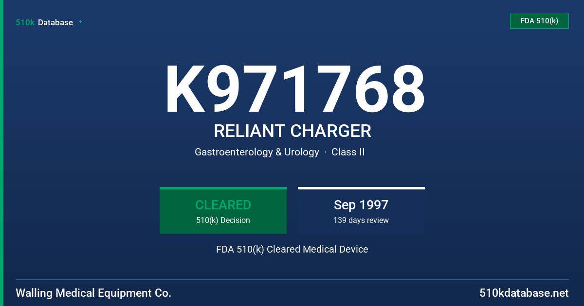 K971768 RELIANT CHARGER FDA 510(k) Cleared Medical Device