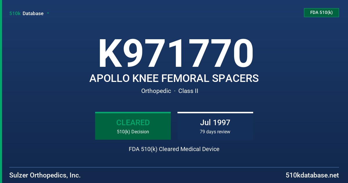 K971770 APOLLO KNEE FEMORAL SPACERS FDA 510(k) Cleared Medical Device