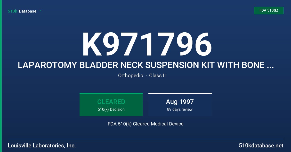 K971796 LAPAROTOMY BLADDER NECK SUSPENSION KIT WITH BONE ANCHORS FDA 510(k) Cleared Medical Device