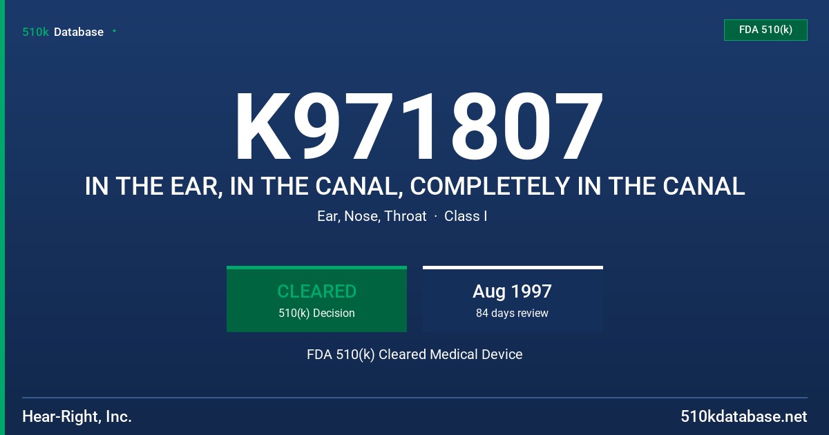 K971807 IN THE EAR, IN THE CANAL, COMPLETELY IN THE CANAL FDA 510(k) Cleared Medical Device
