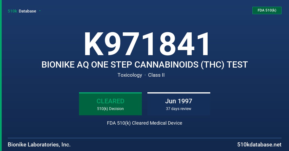 K971841 BIONIKE AQ ONE STEP CANNABINOIDS (THC) TEST FDA 510(k) Cleared Medical Device