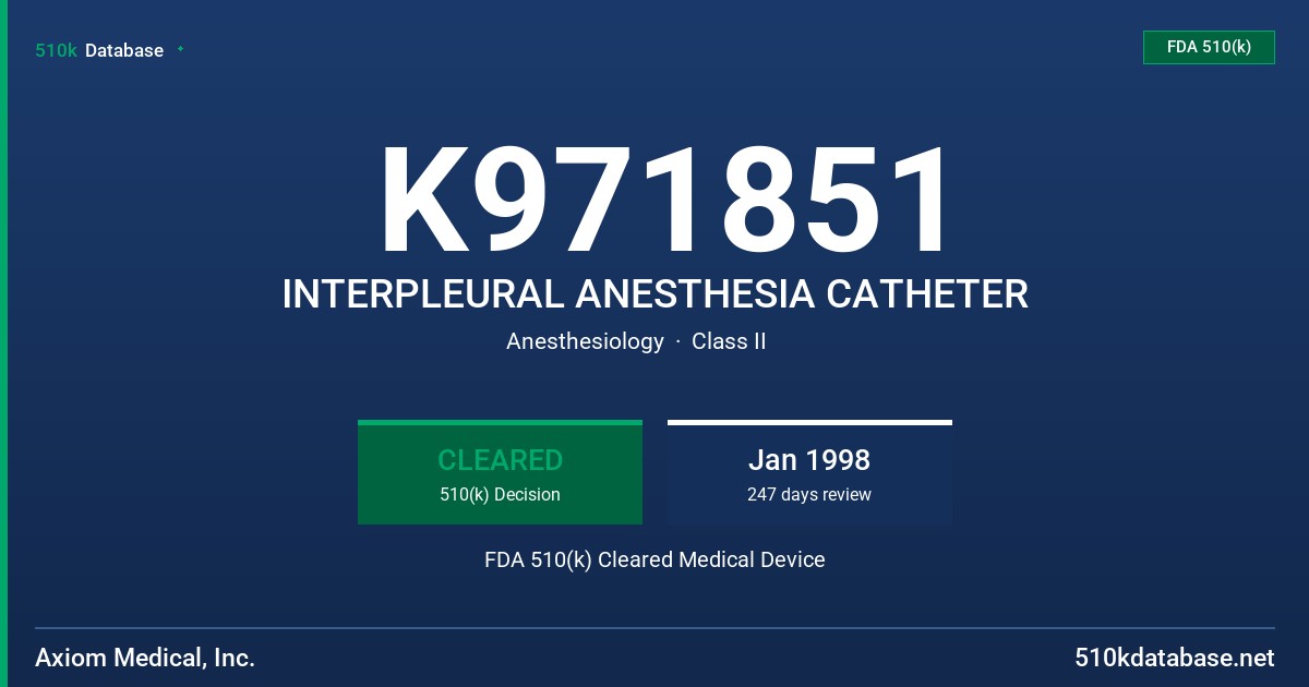 K971851 INTERPLEURAL ANESTHESIA CATHETER FDA 510(k) Cleared Medical Device