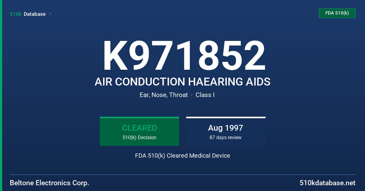K971852 AIR CONDUCTION HAEARING AIDS FDA 510(k) Cleared Medical Device