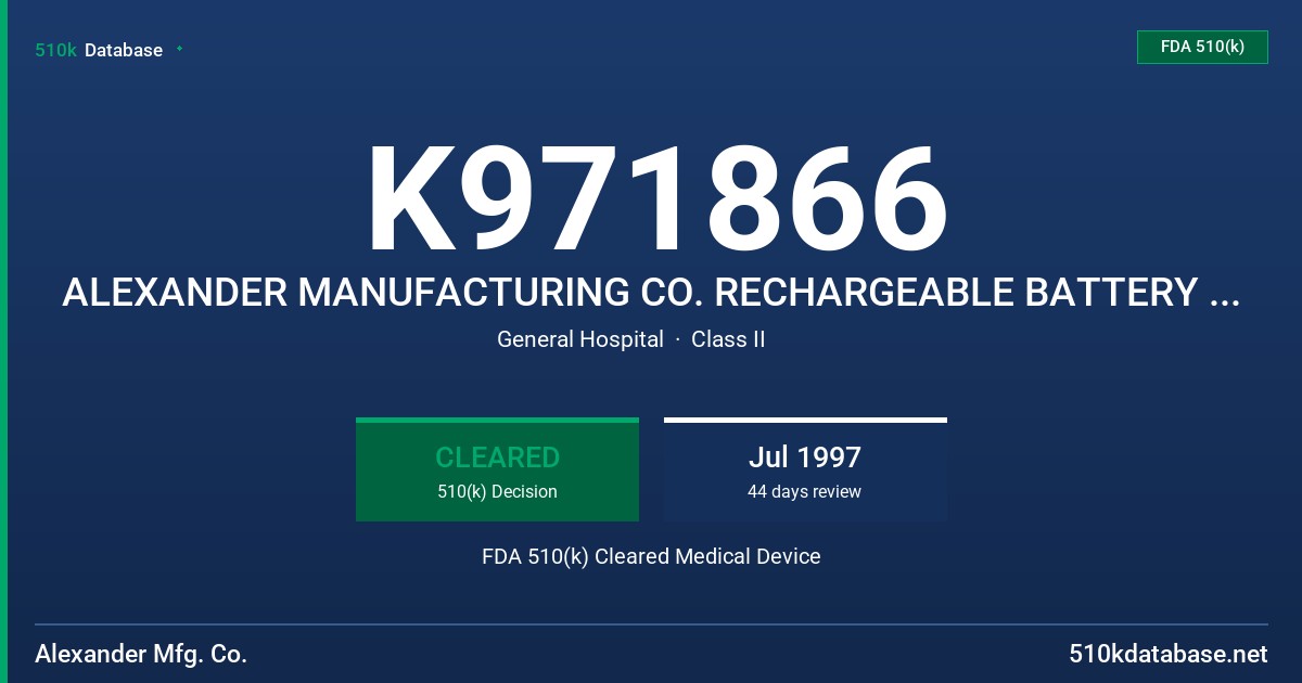 K971866 ALEXANDER MANUFACTURING CO. RECHARGEABLE BATTERY PART NUMBER MS61010 FDA 510(k) Cleared Medical Device