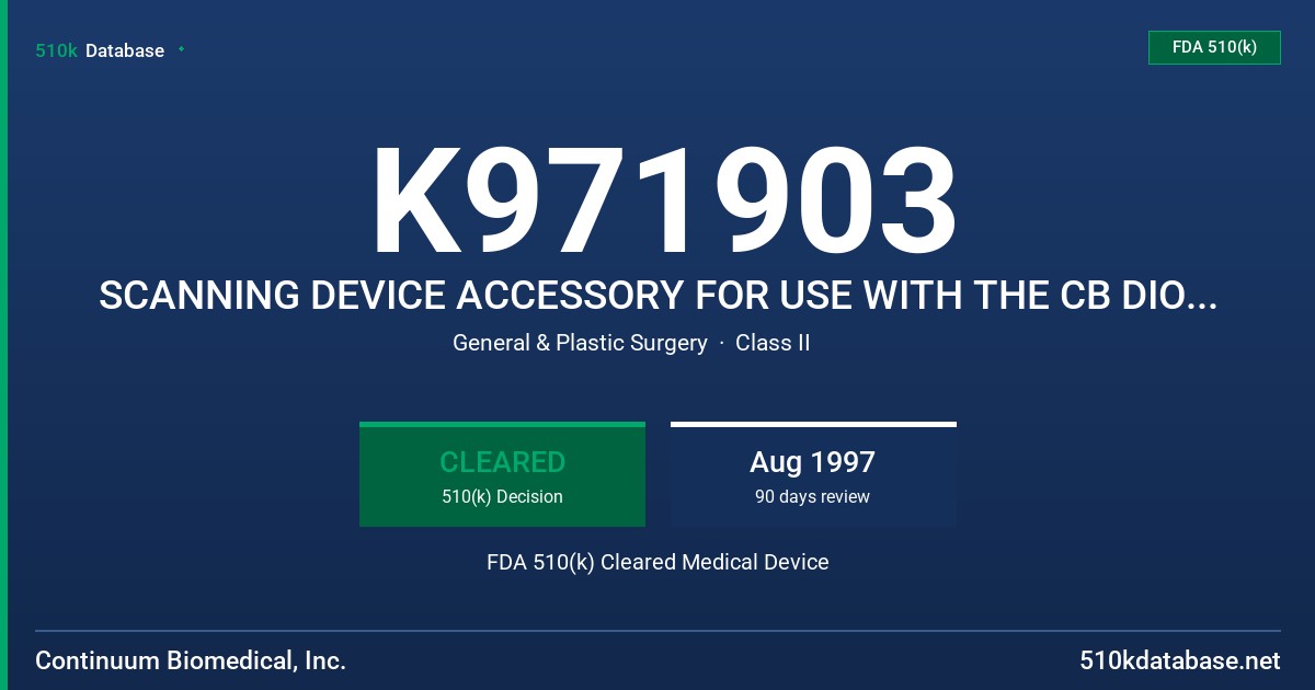 K971903 SCANNING DEVICE ACCESSORY FOR USE WITH THE CB DIODE/532 ND:YAG LASER FDA 510(k) Cleared Medical Device