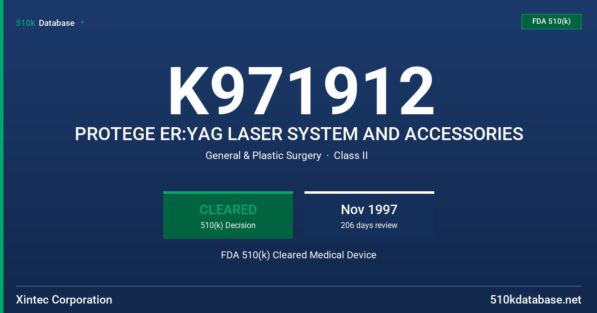 K971912 PROTEGE ER:YAG LASER SYSTEM AND ACCESSORIES FDA 510(k) Cleared Medical Device