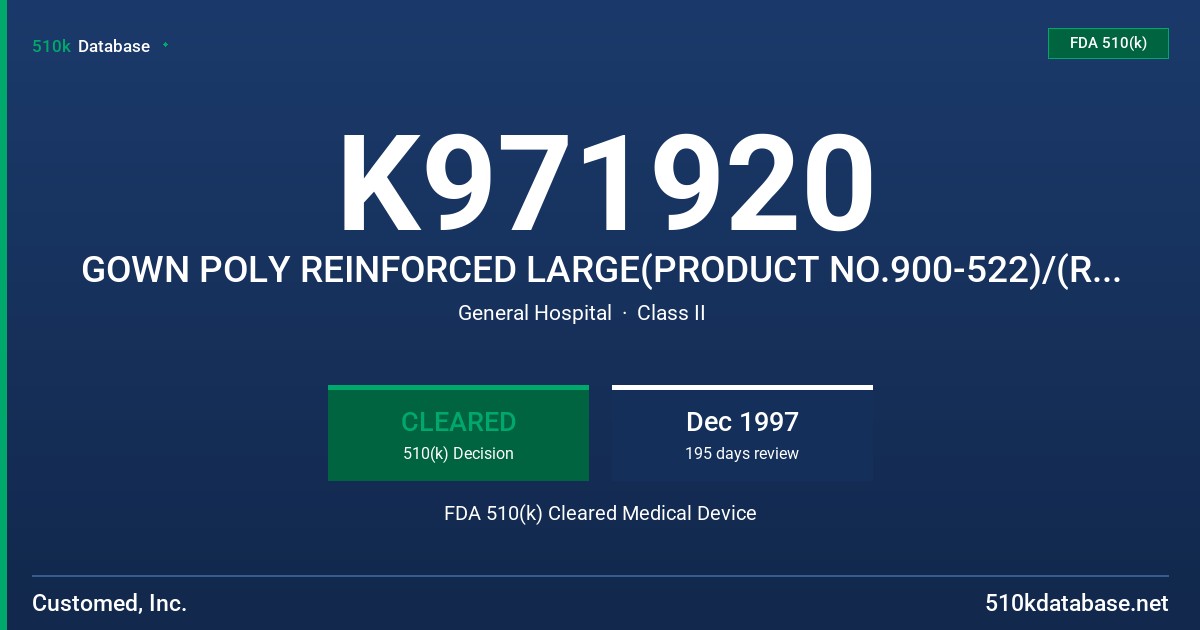K971920 GOWN POLY REINFORCED LARGE(PRODUCT NO.900-522)/(REORDER NO. 0522) FDA 510(k) Cleared Medical Device
