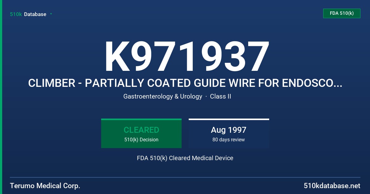 K971937 CLIMBER - PARTIALLY COATED GUIDE WIRE FOR ENDOSCOPIC USE FDA 510(k) Cleared Medical Device