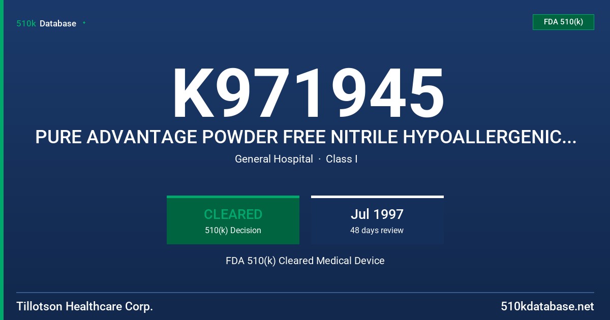K971945 PURE ADVANTAGE POWDER FREE NITRILE HYPOALLERGENIC SURGICAL GLOVE FDA 510(k) Cleared Medical Device