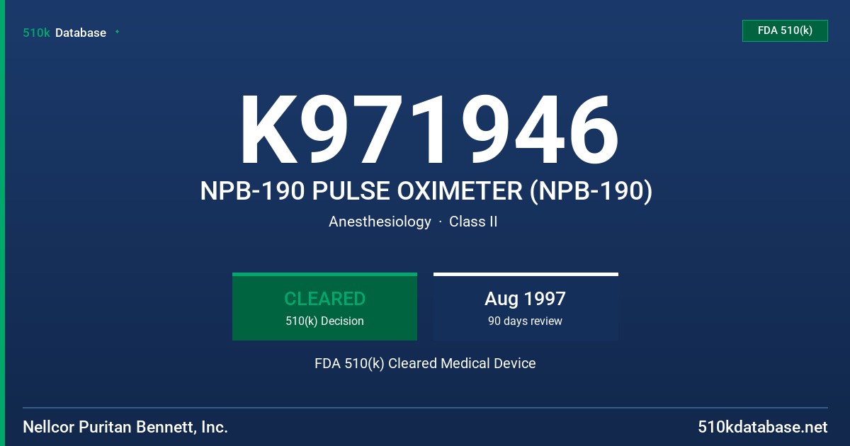K971946 NPB-190 PULSE OXIMETER (NPB-190) FDA 510(k) Cleared Medical Device