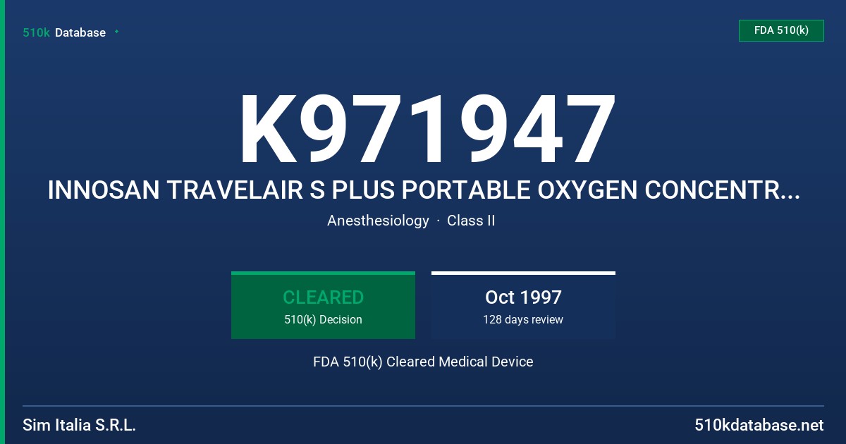 K971947 INNOSAN TRAVELAIR S PLUS PORTABLE OXYGEN CONCENTRATOR, CODE NO. M407001853 (WITH AC POWER SUPPLY ACCESSORY) FDA 510(k) Cleared Medical Device