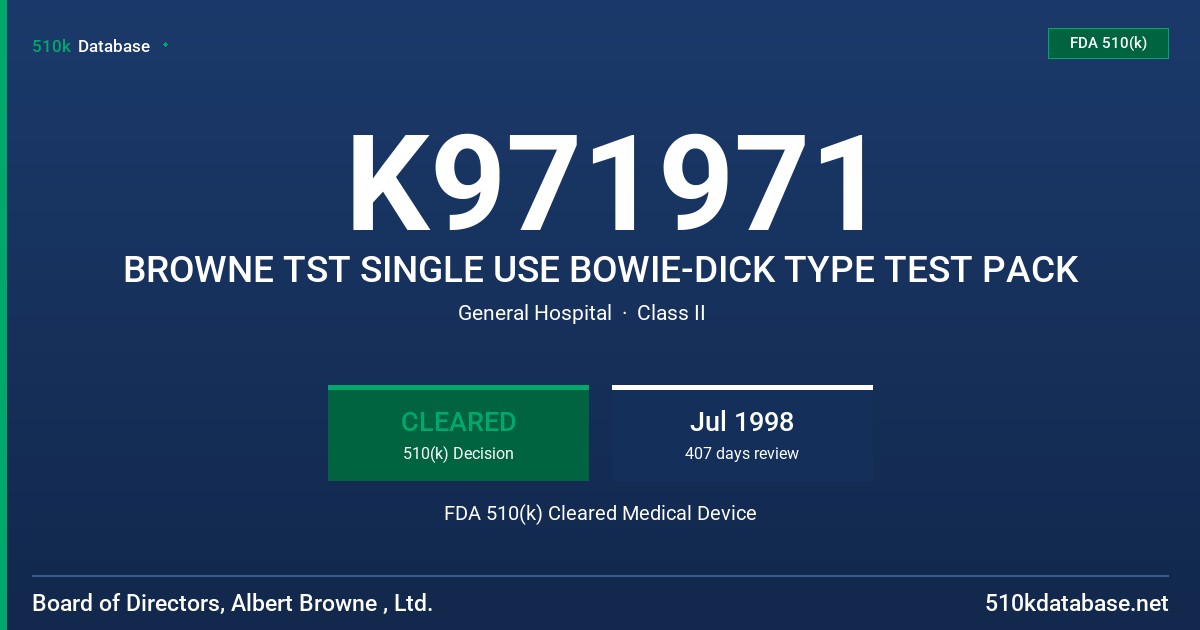 K971971 BROWNE TST SINGLE USE BOWIE-DICK TYPE TEST PACK FDA 510(k) Cleared Medical Device