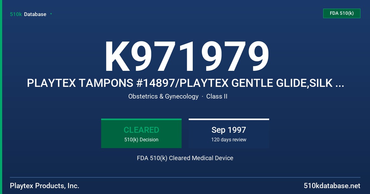K971979 PLAYTEX TAMPONS #14897/PLAYTEX GENTLE GLIDE,SILK GLIDE, SLIMFITS,SOFT COMFORT AND PORTABLES TAMPONS FDA 510(k) Cleared Medical Device