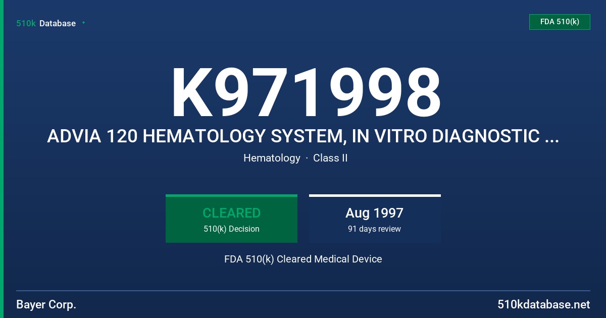 K971998 ADVIA 120 HEMATOLOGY SYSTEM, IN VITRO DIAGNOSTIC SYSTEM FDA 510(k) Cleared Medical Device