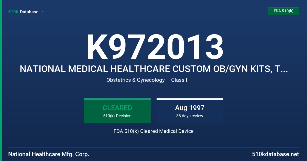 K972013 NATIONAL MEDICAL HEALTHCARE CUSTOM OB/GYN KITS, TRAYS, OR PACKS FDA 510(k) Cleared Medical Device