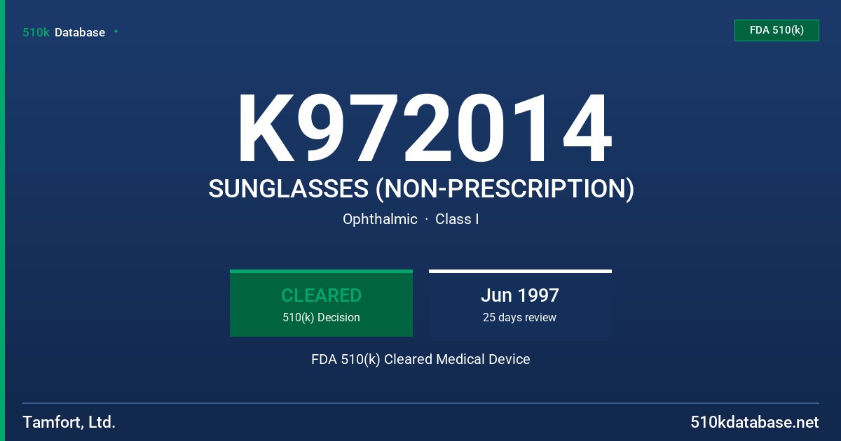 K972014 SUNGLASSES (NON-PRESCRIPTION) FDA 510(k) Cleared Medical Device