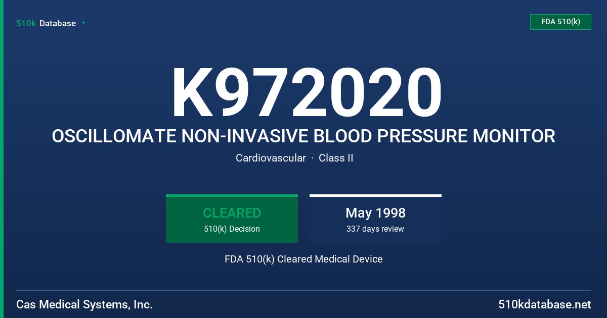 K972020 OSCILLOMATE NON-INVASIVE BLOOD PRESSURE MONITOR FDA 510(k) Cleared Medical Device
