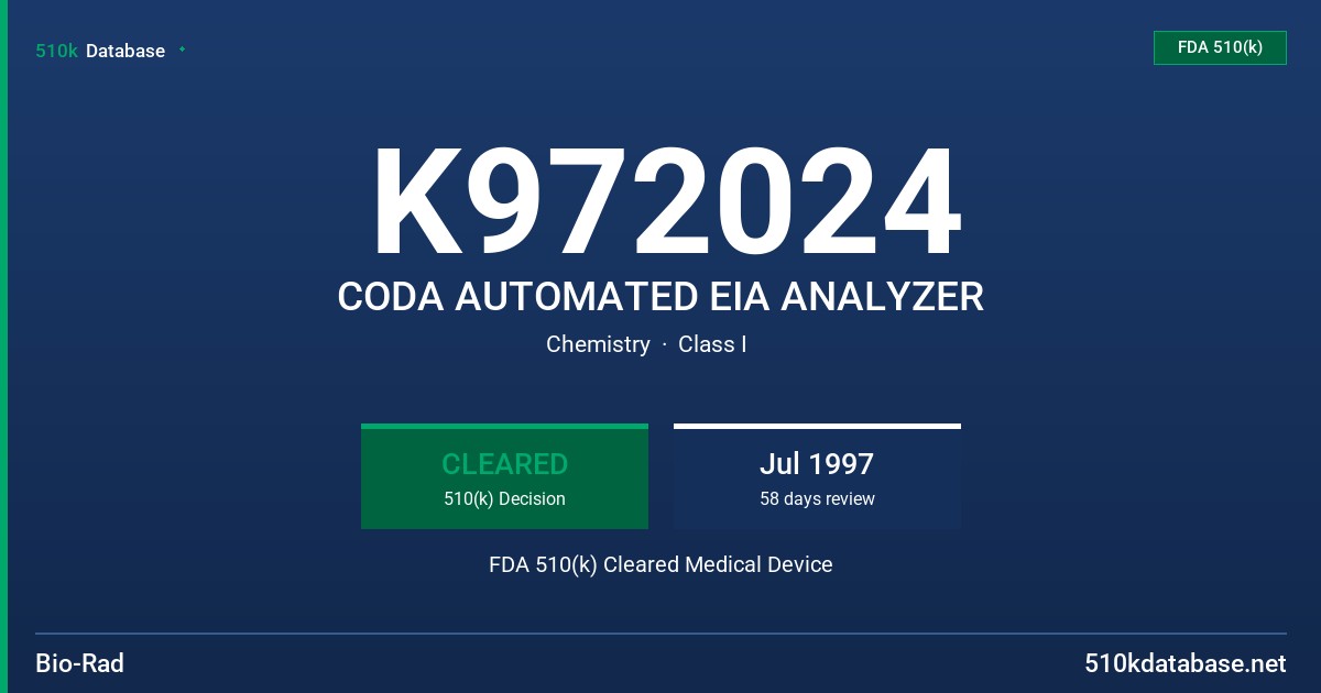 K972024 CODA AUTOMATED EIA ANALYZER FDA 510(k) Cleared Medical Device
