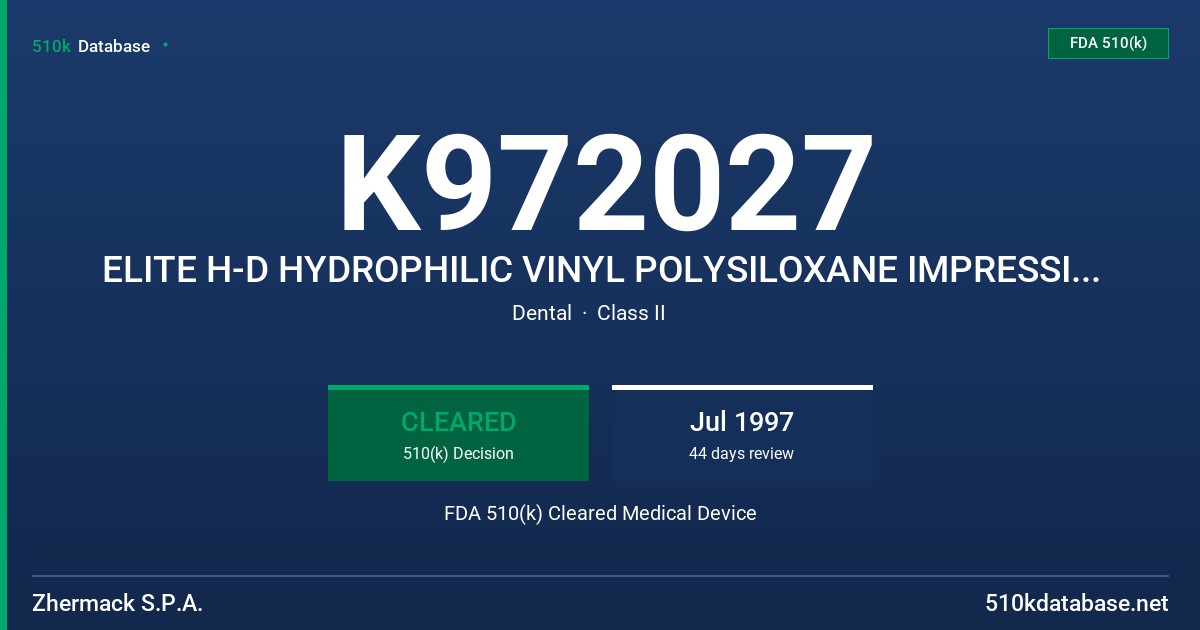 K972027 ELITE H-D HYDROPHILIC VINYL POLYSILOXANE IMPRESSION MATERIALS (LIGHT BODY/NORMAL,LIGHT BODY/FAST SETTING,REGULAR BODY,) FDA 510(k) Cleared Medical Device