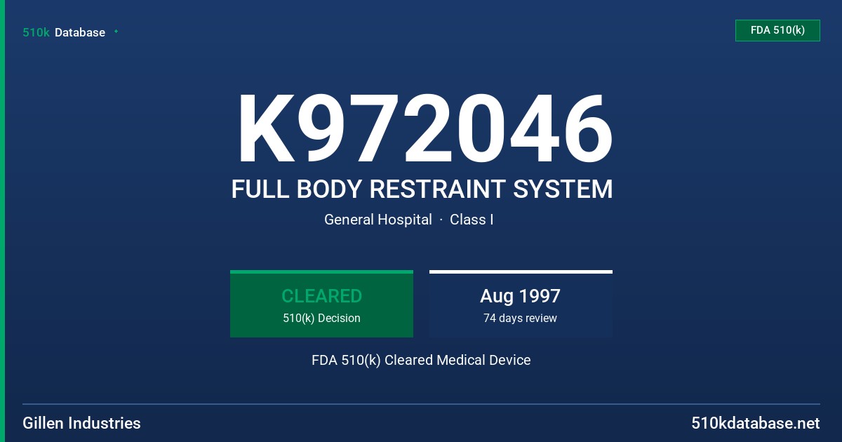 K972046 FULL BODY RESTRAINT SYSTEM FDA 510(k) Cleared Medical Device