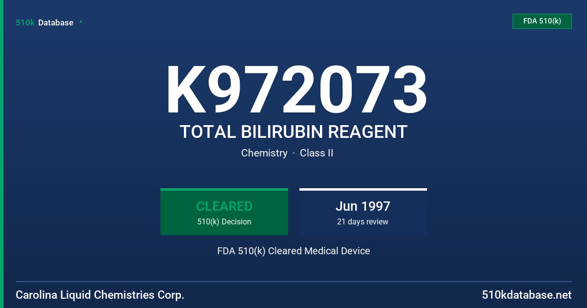 K972073 TOTAL BILIRUBIN REAGENT FDA 510(k) Cleared Medical Device