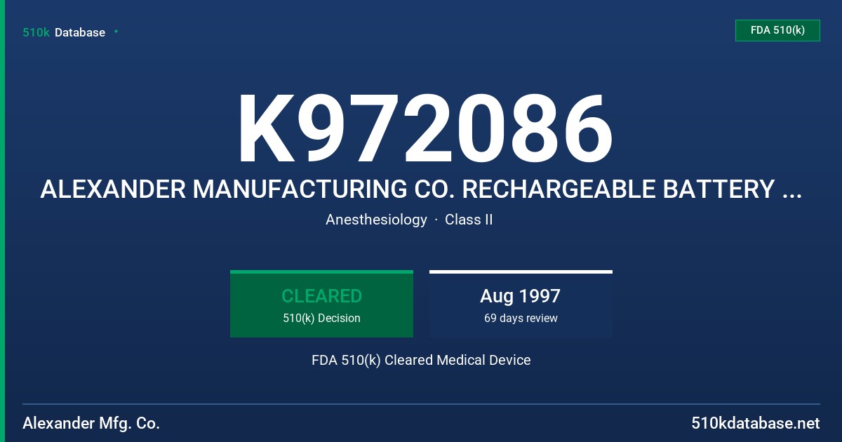 K972086 ALEXANDER MANUFACTURING CO. RECHARGEABLE BATTERY PART NUMBER MS311 FDA 510(k) Cleared Medical Device