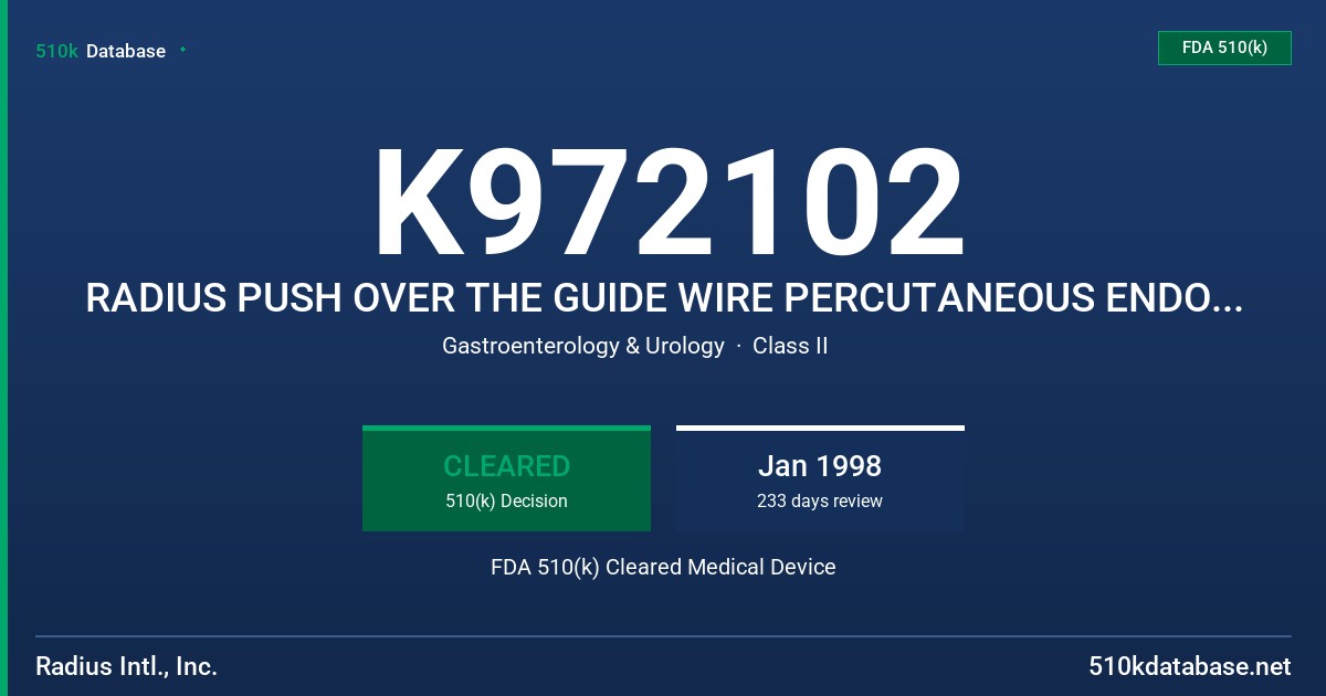 K972102 RADIUS PUSH OVER THE GUIDE WIRE PERCUTANEOUS ENDOSCOPIC GASTROSTOMY KIT FDA 510(k) Cleared Medical Device