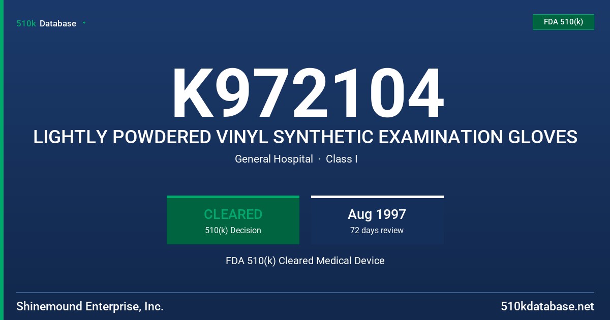 K972104 LIGHTLY POWDERED VINYL SYNTHETIC EXAMINATION GLOVES FDA 510(k) Cleared Medical Device