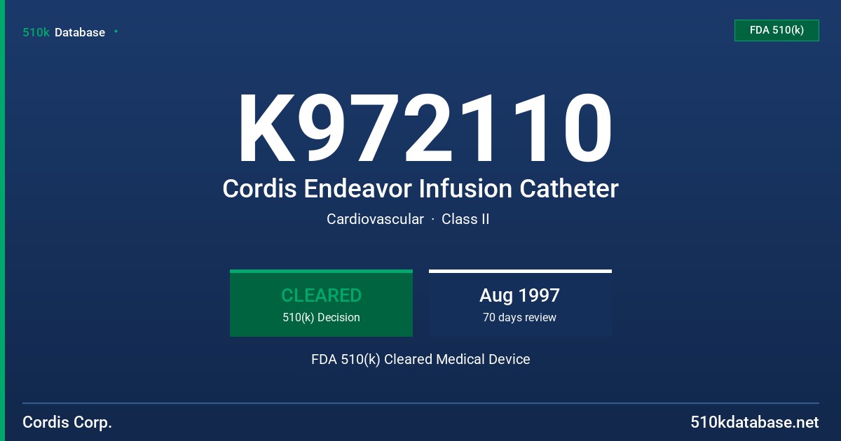 K972110 Cordis Endeavor Infusion Catheter FDA 510(k) Cleared Medical Device