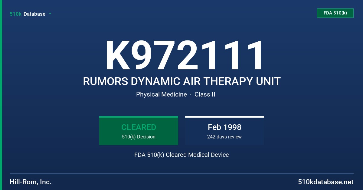 K972111 RUMORS DYNAMIC AIR THERAPY UNIT FDA 510(k) Cleared Medical Device