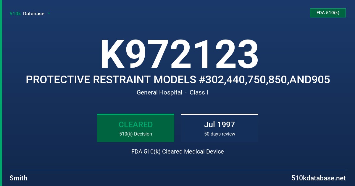 K972123 PROTECTIVE RESTRAINT MODELS #302,440,750,850,AND905 FDA 510(k) Cleared Medical Device