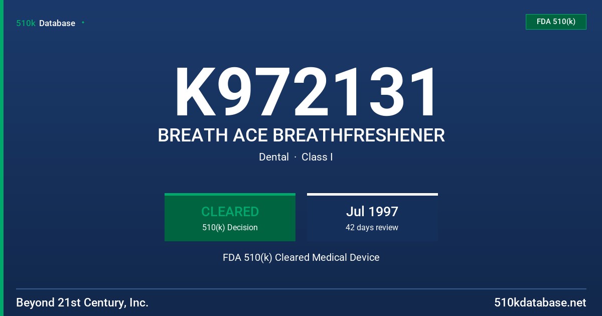 K972131 BREATH ACE BREATHFRESHENER FDA 510(k) Cleared Medical Device