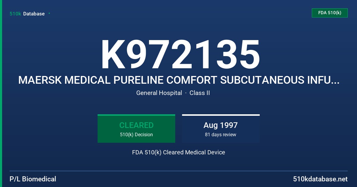 K972135 MAERSK MEDICAL PURELINE COMFORT SUBCUTANEOUS INFUSION SET FDA 510(k) Cleared Medical Device